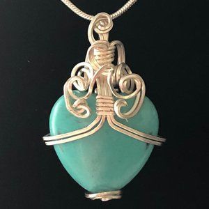 Silver Faux Turquoise Heart Pendant New 18"